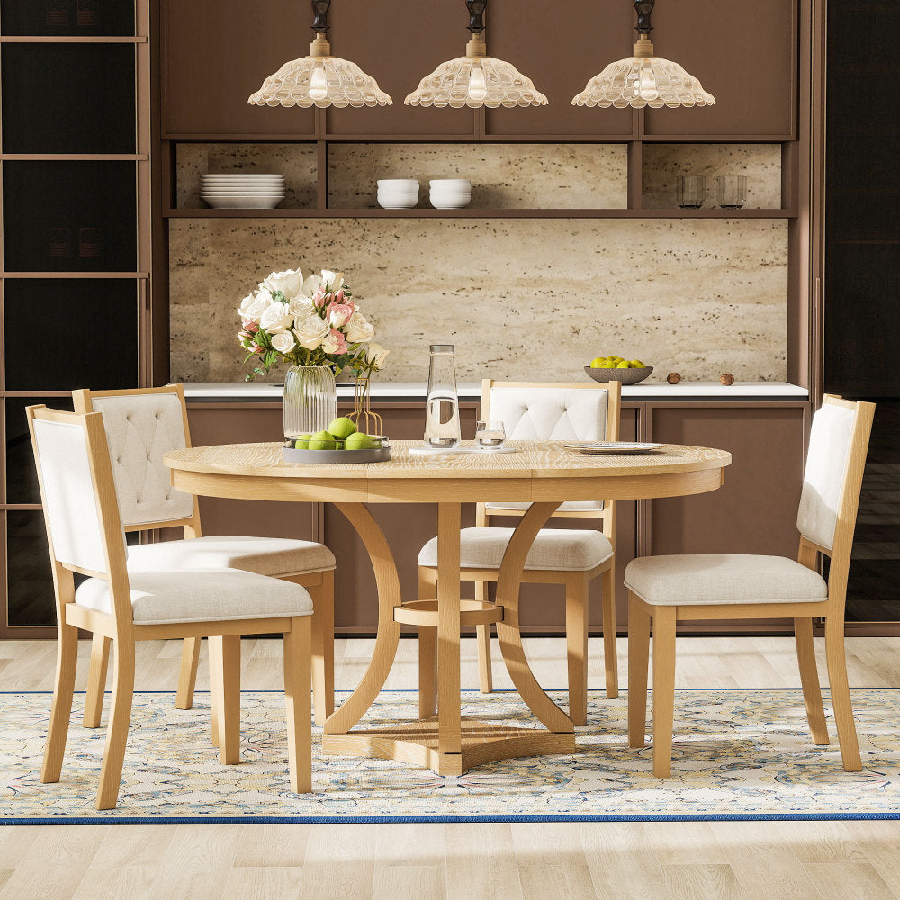 TREXM 5-Piece Retro Functional Dining Table Set Extendable Round Table and 4 Upholstered Chairs for Dining Room and Living Room (Espresso)