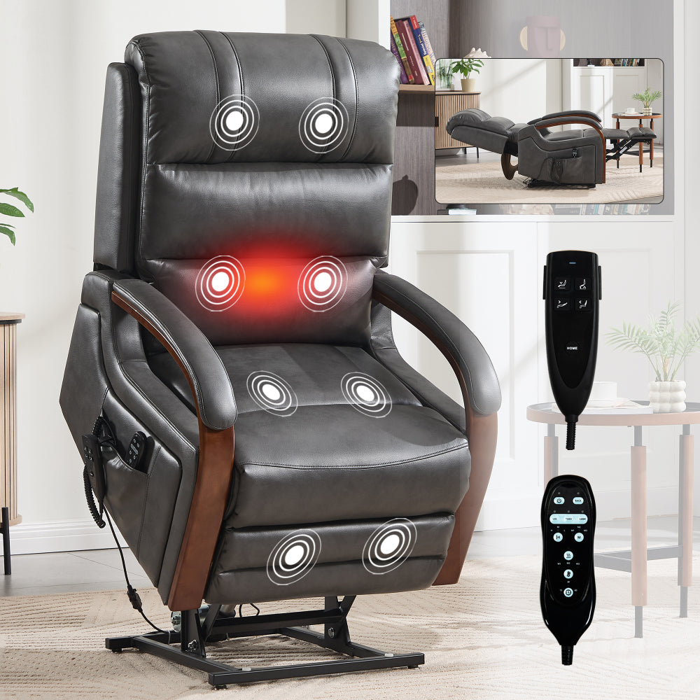 Power Brown Leatheraire Lift Recliner Chair Dual Motor Infinite Position Up to 350 LBS with Solid Wood Armrests, Heat Massage and Heavy Duty Motion Mechanism