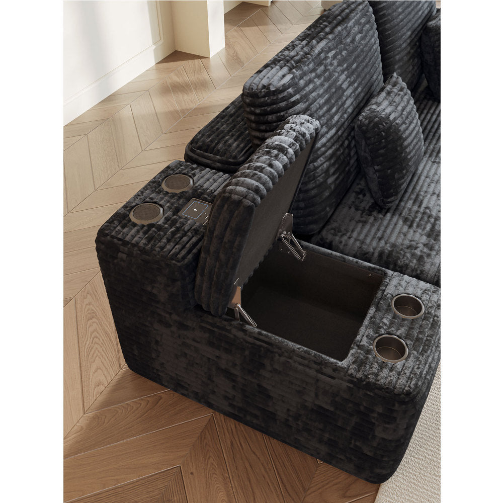 150''Width 5-piece Sectional Sofa with 2 Ottomans,Comfy U-shaped Sofa Couch for Living Room,BLACK Plush Corduroy Fabric