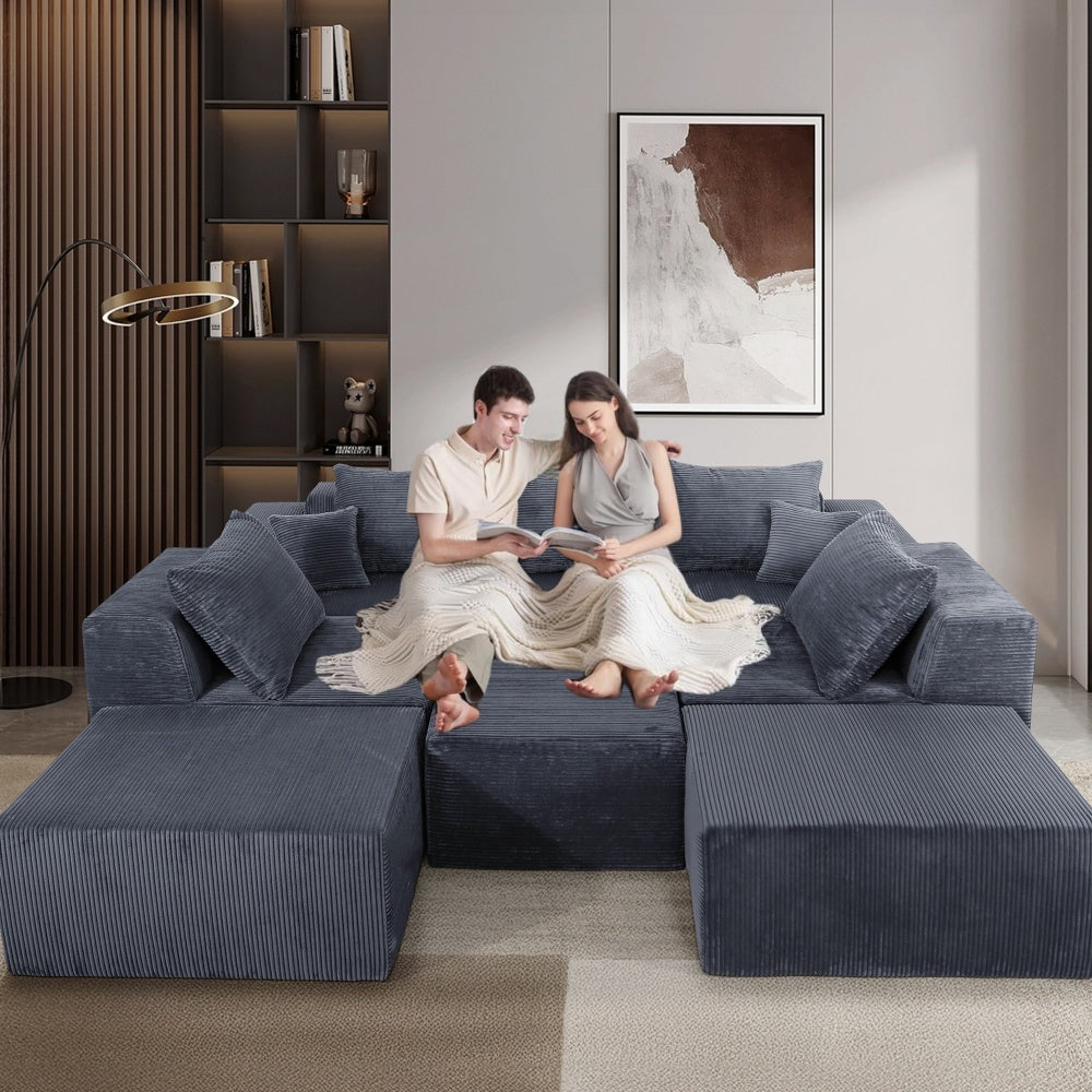8-Piece Modular U-Shaped Sectional Sofa, Large Convertible Couch with Oversized Chaise Lounge and Bed, Luxury Corduroy Upholstery, No Assembly Needed, Family Sofa Set for Living Room,Grey