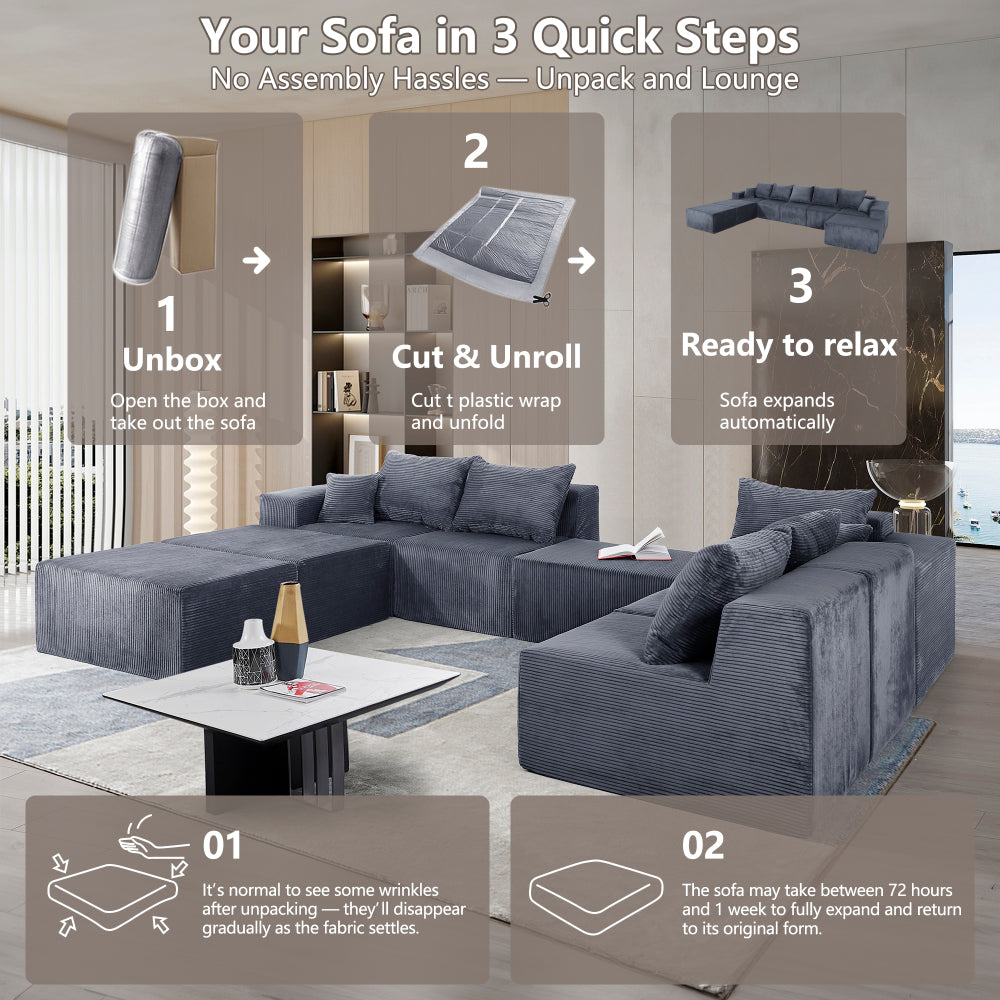 8-Piece Modular U-Shaped Sectional Sofa, Large Convertible Couch with Oversized Chaise Lounge and Bed, Luxury Corduroy Upholstery, No Assembly Needed, Family Sofa Set for Living Room,Grey