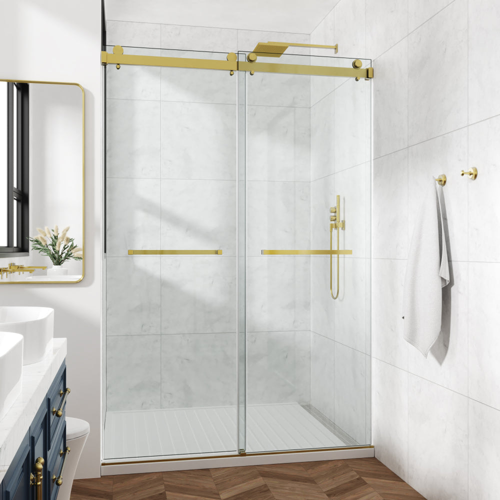 60*72" Frameless Double Sliding Shower Door, Double Shower Door, 3/8″ (10mm) SGCC Tempered Glass, Stainless Steel Gold