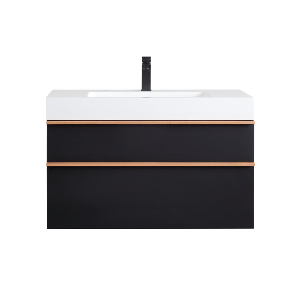 VELA 36 Inch Black Wall Mounted Bathroom Vanity with Integrated Acrylic Sink, 2 Soft-Close Drawers, Pre-Assembled,Modern Floating Cabinet