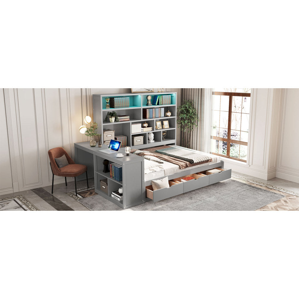 Full Size Wooden Daybed With Three Drawers ,Desk ,Shelves and Lights, Gray