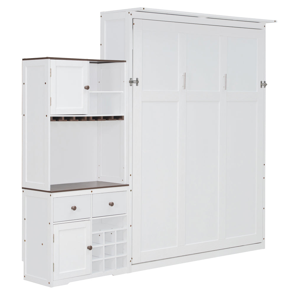Queen Size Murphy Bed with Storage Cabinet, Wine Rack, Glass Holder, Drawers and Multi-Color LED Strip, White