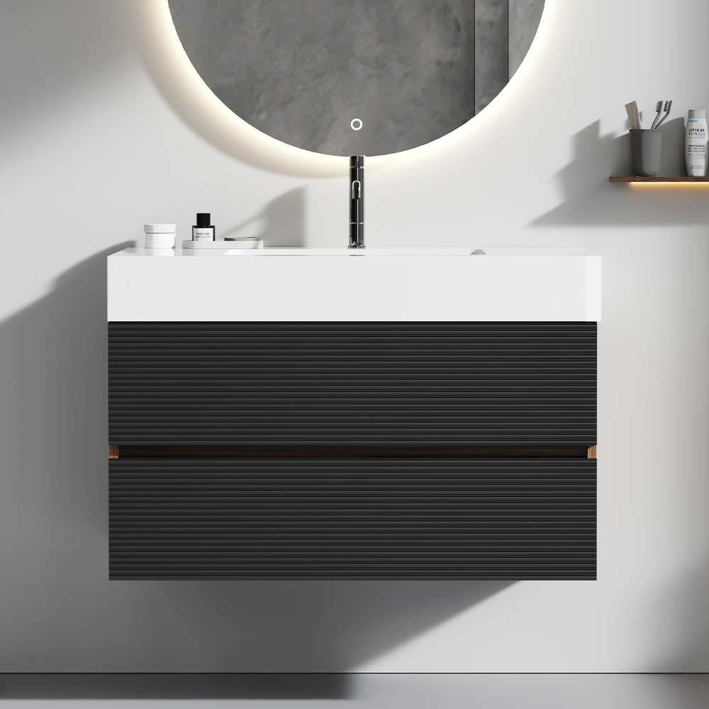Grace 36" Rough Oak+Rough Oak Bathroom Vanity with White Engineered Quartz Sink and Soft Drawers, Wall Mounted Floating Bathroom Vanity for Modern Bathroom, One-Piece White Glossy Basin, KD