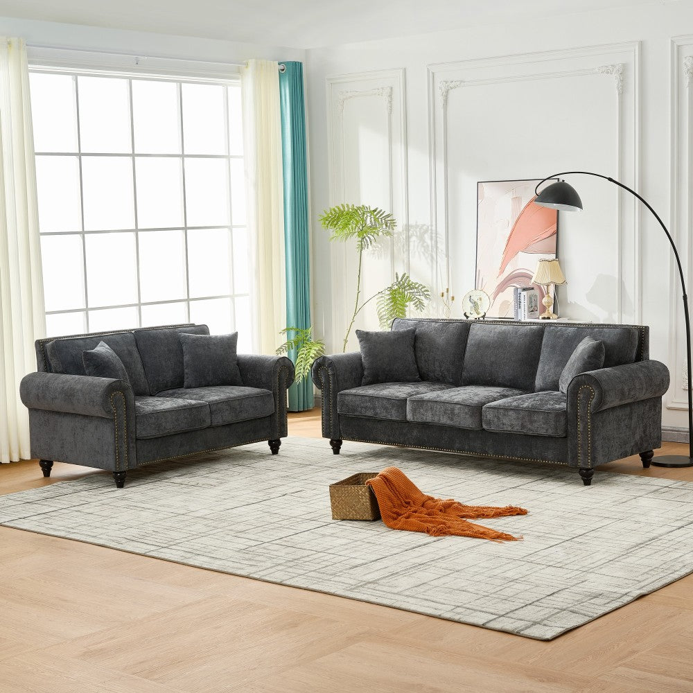 86" Modern 3-Seater Sofa with Rolled Arms,Chenille Upholstered Couch with Wood Legs and Nailhead Trim for Living Room, Apartment,Beige