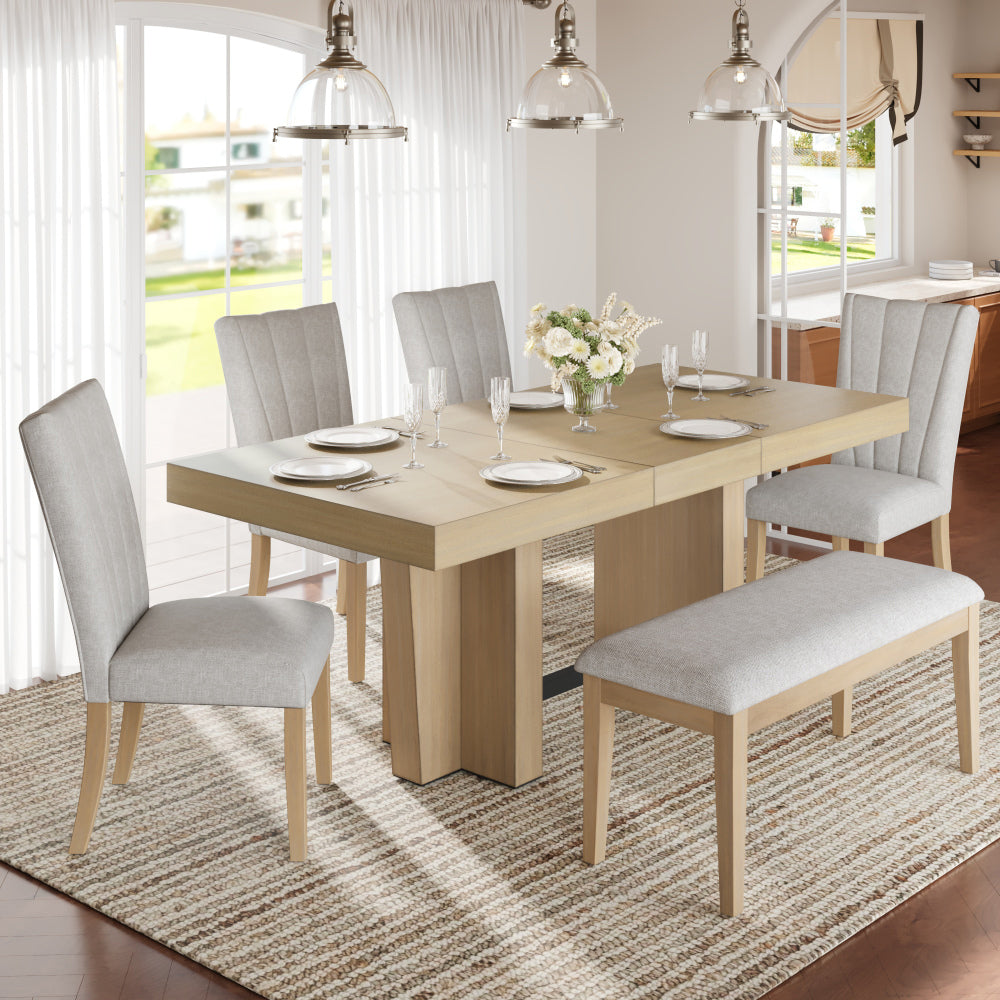 TOPMAX Farmhouse 78.1inch Extendable Wood Dining Table Set for 6, Kitchen Table Set with Bench and 4 Upholstered Chairs,3.8inch Thick Tabletop and Trestle Legs for Kitchen, Dining Room, Gray