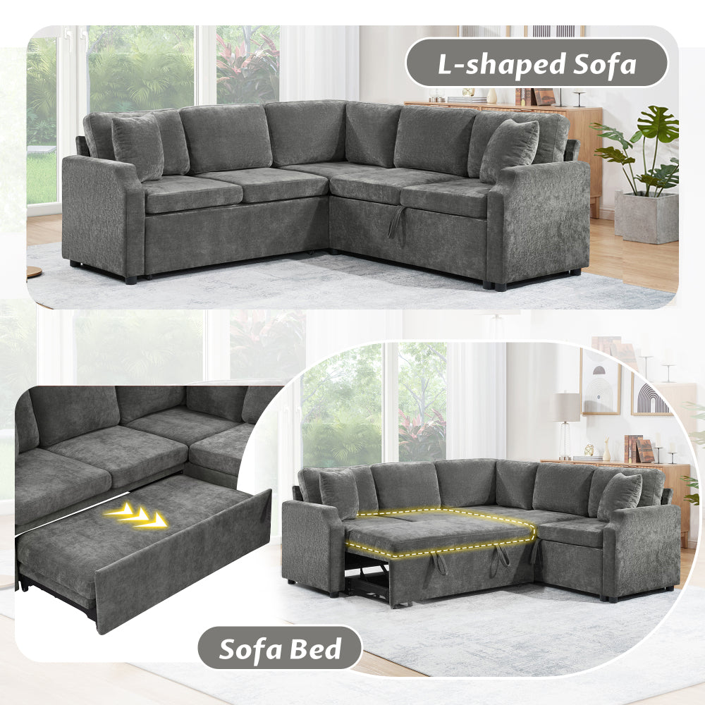 Sectional Sofa Bed L-shaped Sectional 81.9" Upholstered L-shaped Sofa with a Sofa Sleeper and a Hidden Storage Compartment for Living Room, Gray