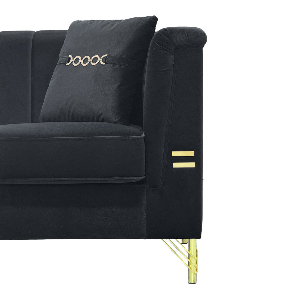 FX-P82-2PC SOFA -BK3 Black Velvet Sofa Set of 2, Two Modern 3-Seater Sofas with Plush Cushions & Gold-Tone Metal Legs Stylish Living Room Couch Set for Homes, Apartments, and Guest Areas
