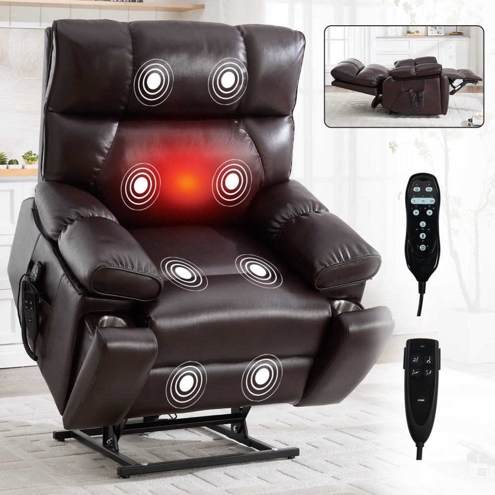 Black Leatheraire Heat Massage Dual Motor Infinite Position Up to 350 LBS Large Electric Power Lift Recliners with Hidden Cup Holders, Power-Remote, Medium-firm and Heavy Duty