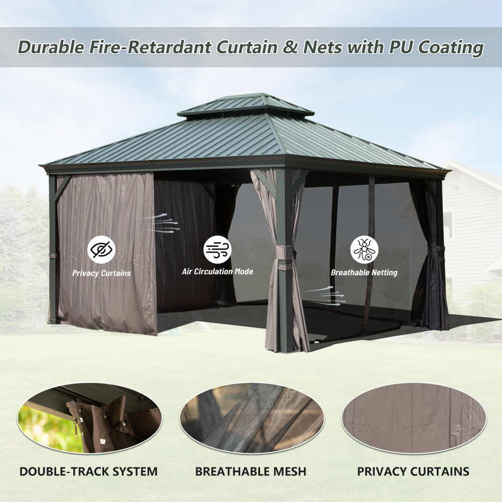 10' X 12' Hardtop Gazebo Outdoor Metal Gazebo with Galvanized Steel Double Roof Canopy, Aluminum Frame, Curtains and Netting for Patio, Deck, Garden, Grey
