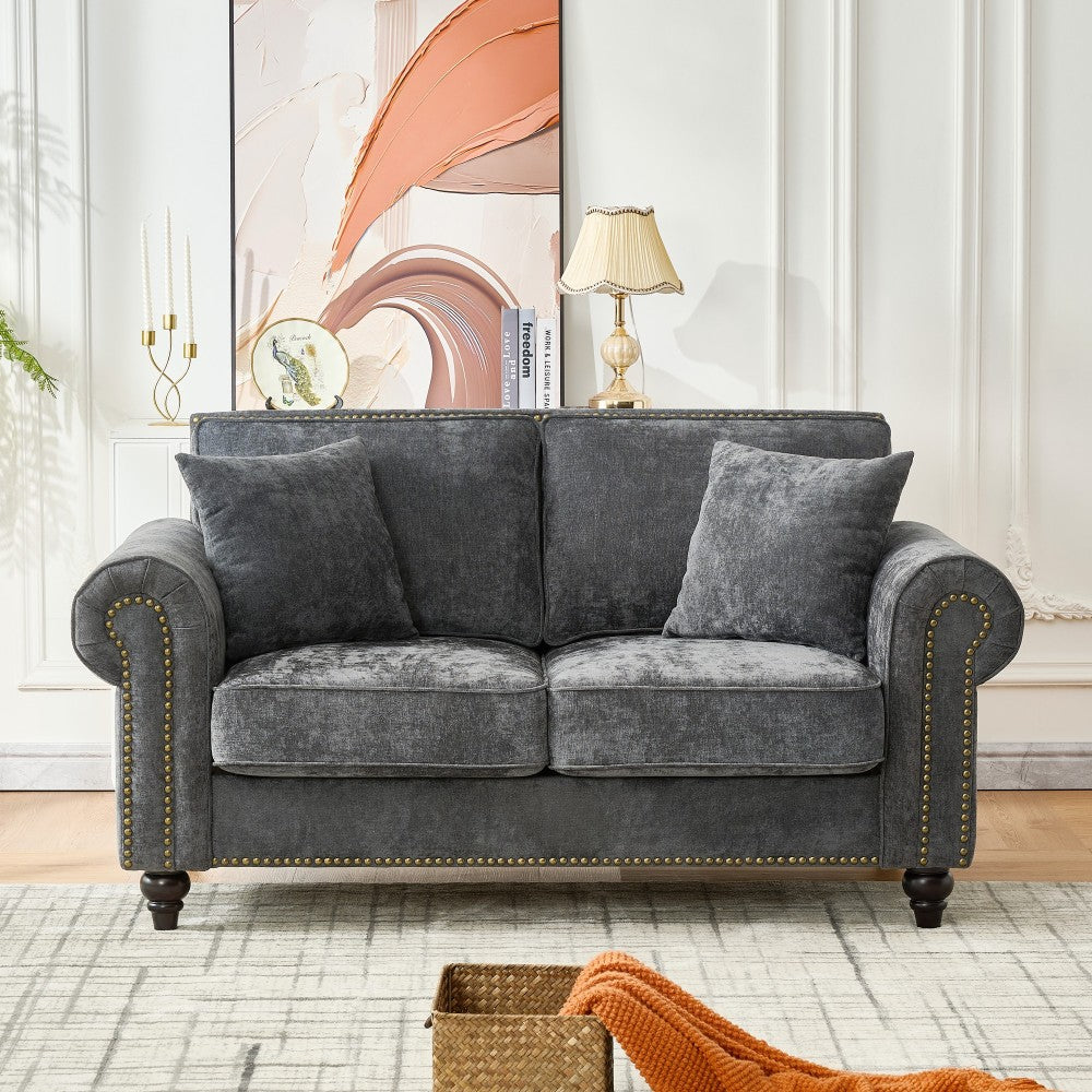 86" Modern 3-Seater Sofa with Rolled Arms,Chenille Upholstered Couch with Wood Legs and Nailhead Trim for Living Room, Apartment,Beige