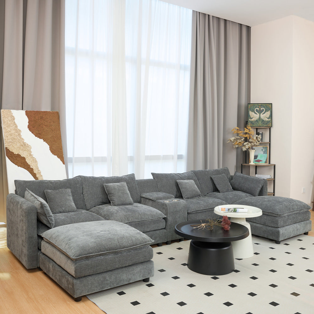 U Shaped Sectional Cloud Couch for Living Room,144" Comfy Fluffy Modular Sofa with Movable Ottoman Modern Chenille 6 Seat Sectional Sofa Set with Storage Box, Cup Holders, Grey