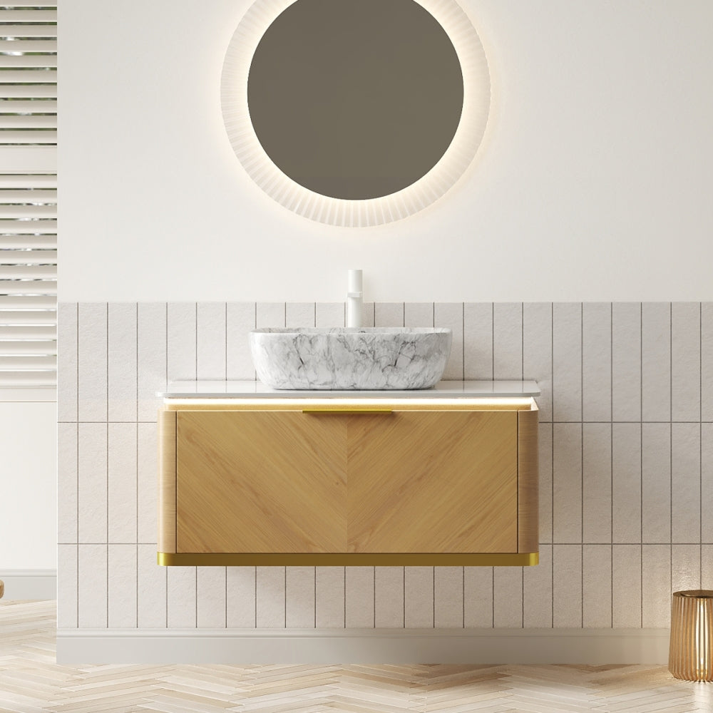 DIPA 36" Bathroom Vanity&Sink, Floating Plywood Storage Cabinet with Sensor Light, Drawer, Stone Pattern White Round Ceramic Vessel Basin&Sintered Stone Top, Pre-assembled, Dark Walnut Woodgrain Color