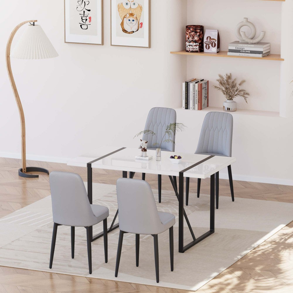 55 "4-person modern MDF dining table set, kitchen black metal leg dining table and chair set, industrial rectangular white tabletop and dining room thick padded PU dining chairs