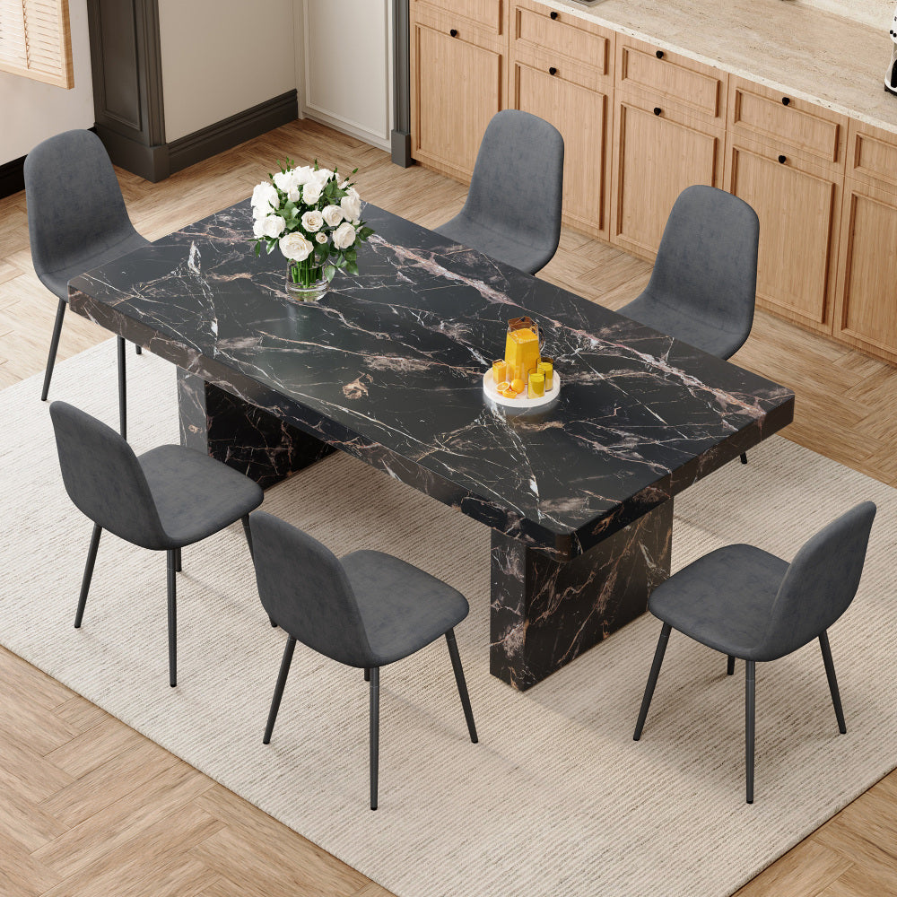Table and chair set.78.7"*39.4"*29.9"inches MDF Luxurious Black Marble Pattern Dining Table,With a 3.5-inch thick tabletop.Paired with 10 Light Gray Linen Fabric Chairs With Black Sturdy Metal Legs.
