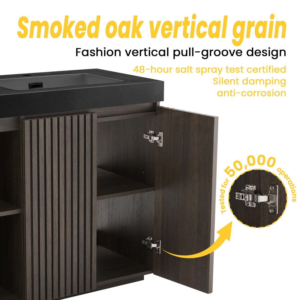 GALAN60F" Smoked Oak Bathroom Vanity with Sink, Large Storage Freestanding Bathroom Vanity for Modern Bathroom, One-Piece Black Sink Basin without Drain and Faucet, KD