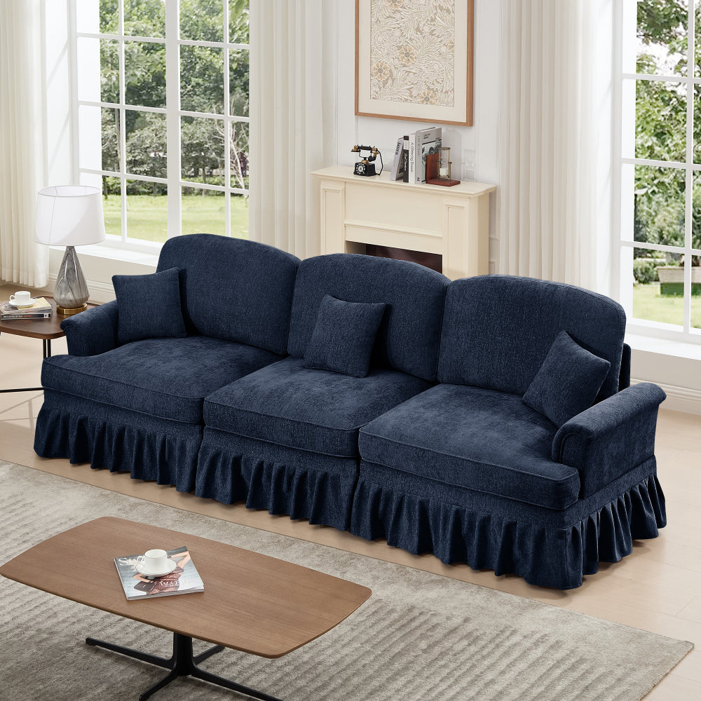 Elegant Mid Century Large 3 Seater Sofa Couch with Flared Arms and Removable Ruffles Pleats Skirts and Spindle Legs, Comfy Chenille Three-Seat Sofa for Living Room, Blue