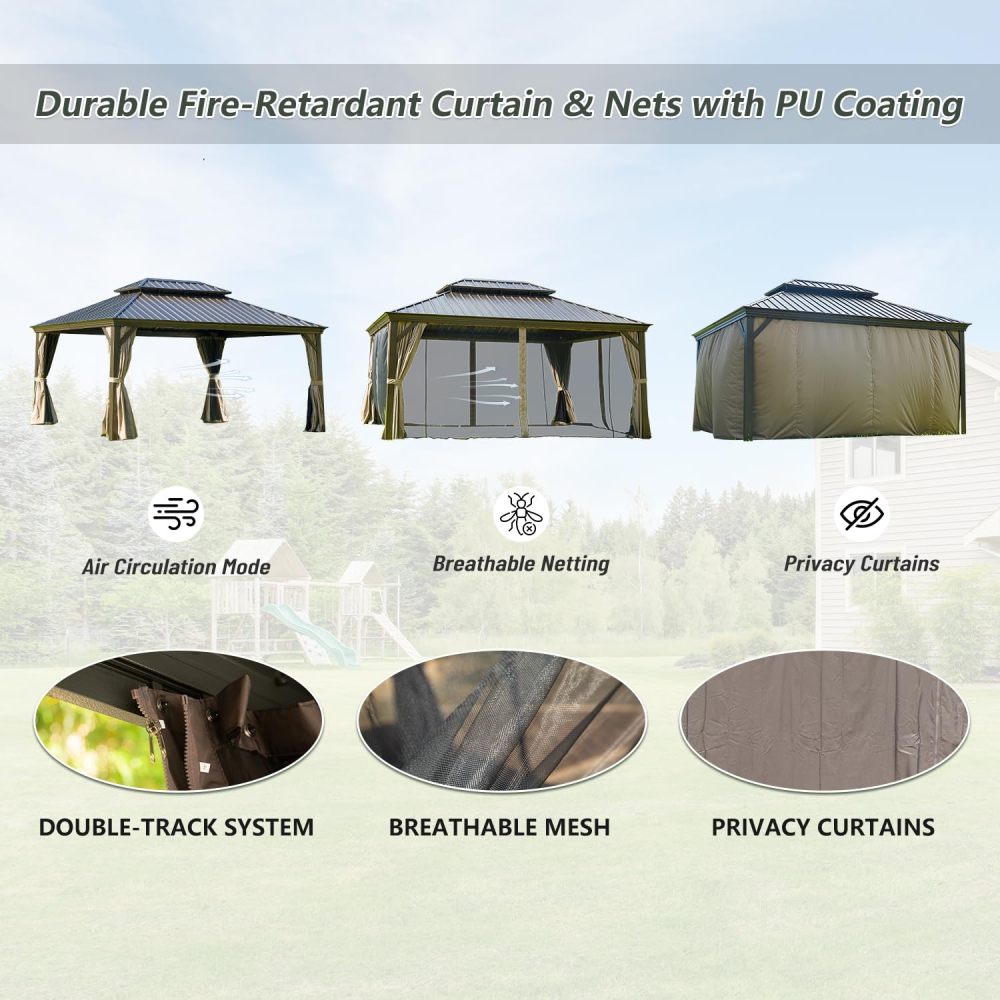 12' x 16' Hardtop Gazebo Outdoor Aluminum Gazebos Grill with Galvanized Steel Double Canopy for Patios Deck Backyard,Curtains&Netting