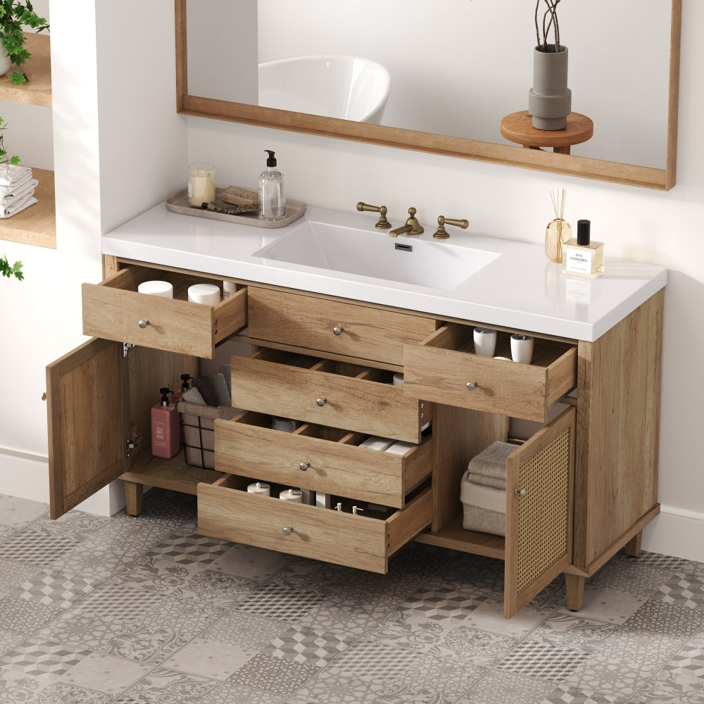60" Bathroom Vanity with SMC Sink, Modern Large Storage Bathroom Storage Cabinet with Soft Close Drawers and Rattan Doors, Silver Metal Knobs and 5 Pine Legs, Natural