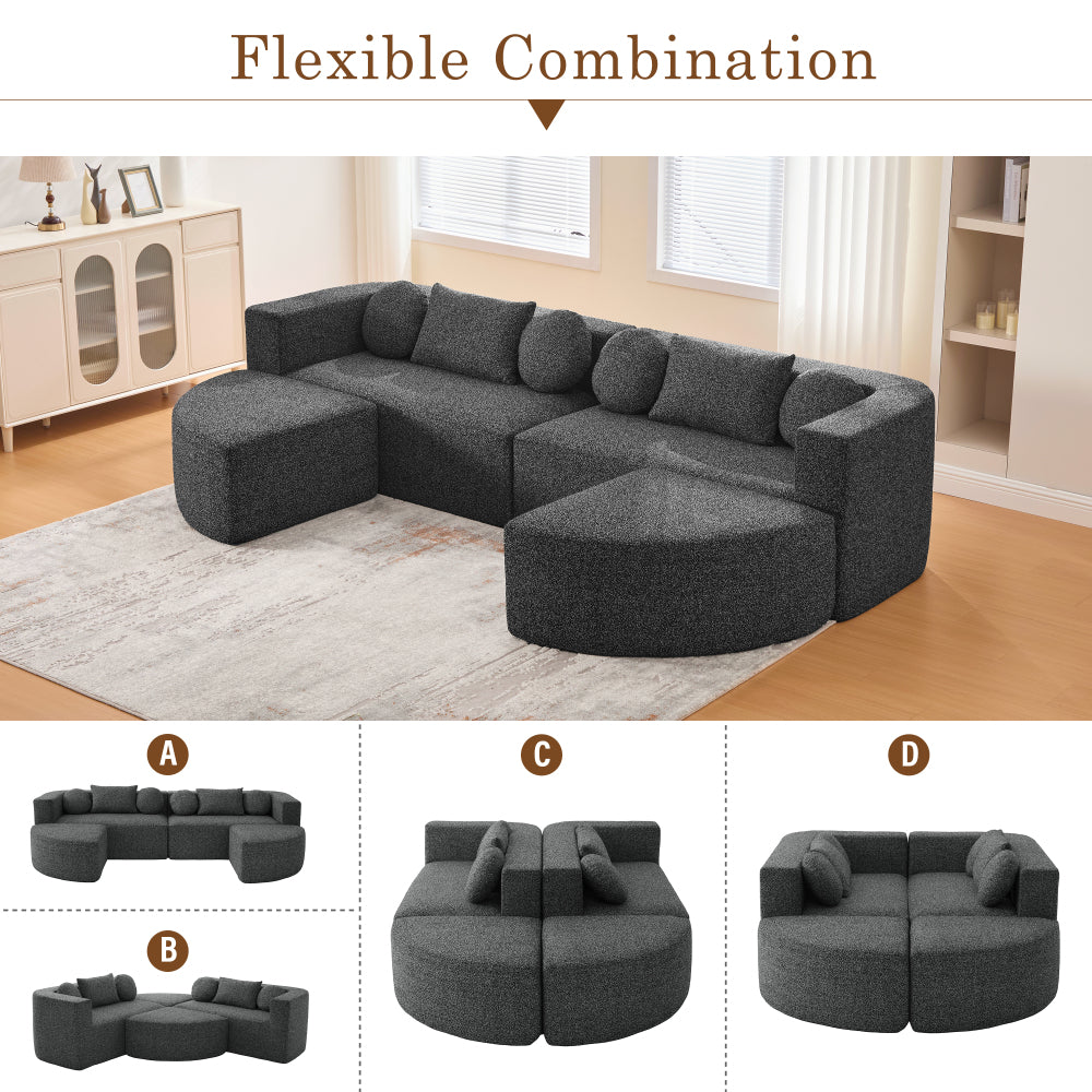 Boneless Couch Modular Sectional Sofa 114.9" Free-combined Sofa Couch Sofa Bed Compression Sofa with Deep Seating and Curved Design for Living Room, Black