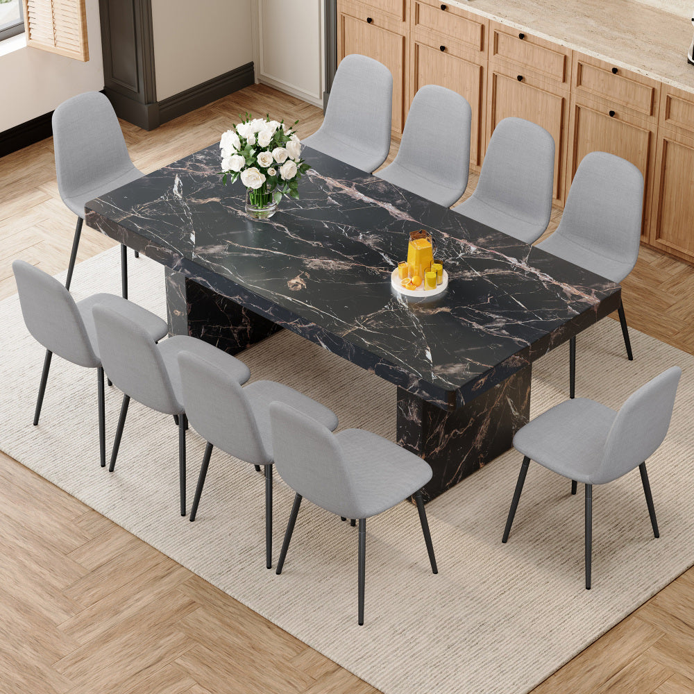 Table and chair set.78.7"*39.4"*29.9"inches MDF Luxurious Black Marble Pattern Dining Table,With a 3.5-inch thick tabletop.Paired with 10 Light Gray Linen Fabric Chairs With Black Sturdy Metal Legs.