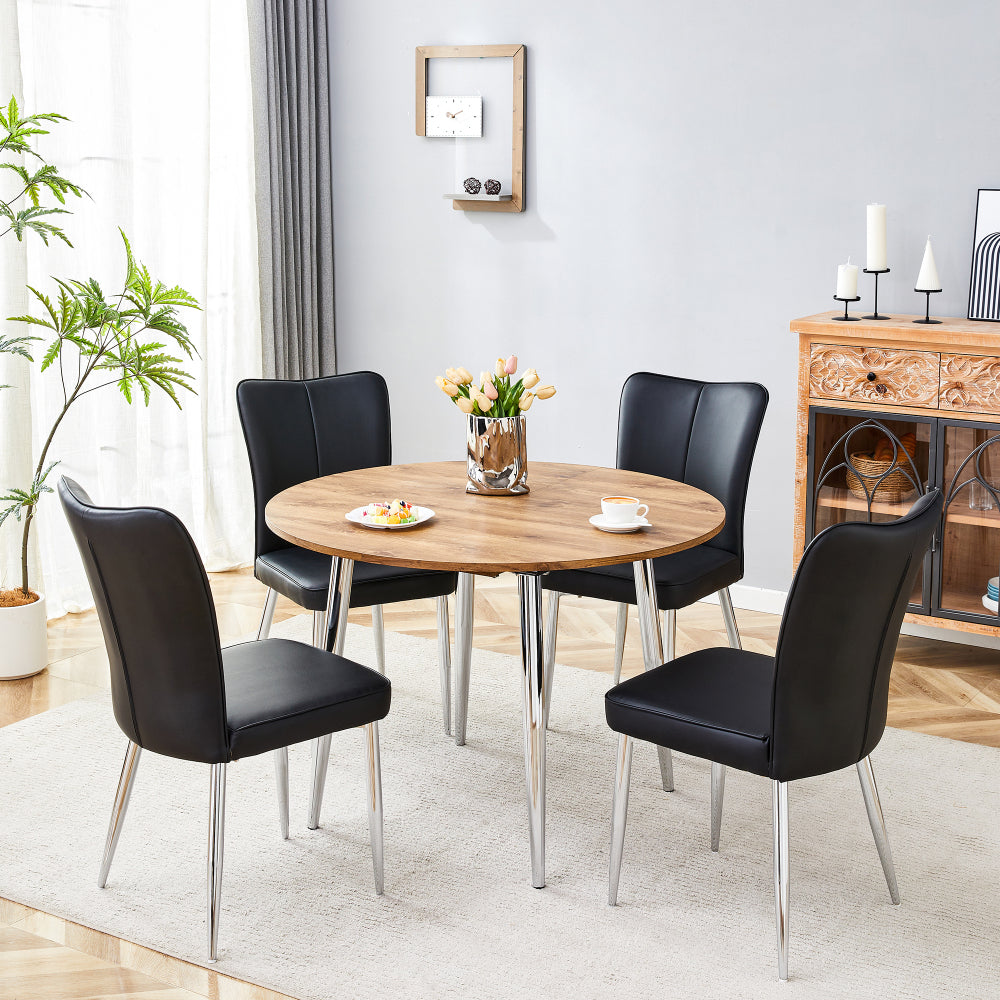 Table and chair set.With a Expandable mechanism,the Wood Grain MDF table top and silver metal legs and has a smooth surface.Paried With 4 White PU Chairs with a vertical stripe design on the backrest.