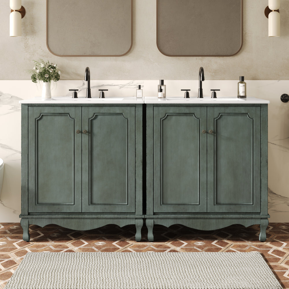60" Bathroom Vanity with SMC Sink, Modern Large Storage Bathroom Storage Cabinet with Soft Close Drawers and Rattan Doors, Silver Metal Knobs and 5 Pine Legs, Natural