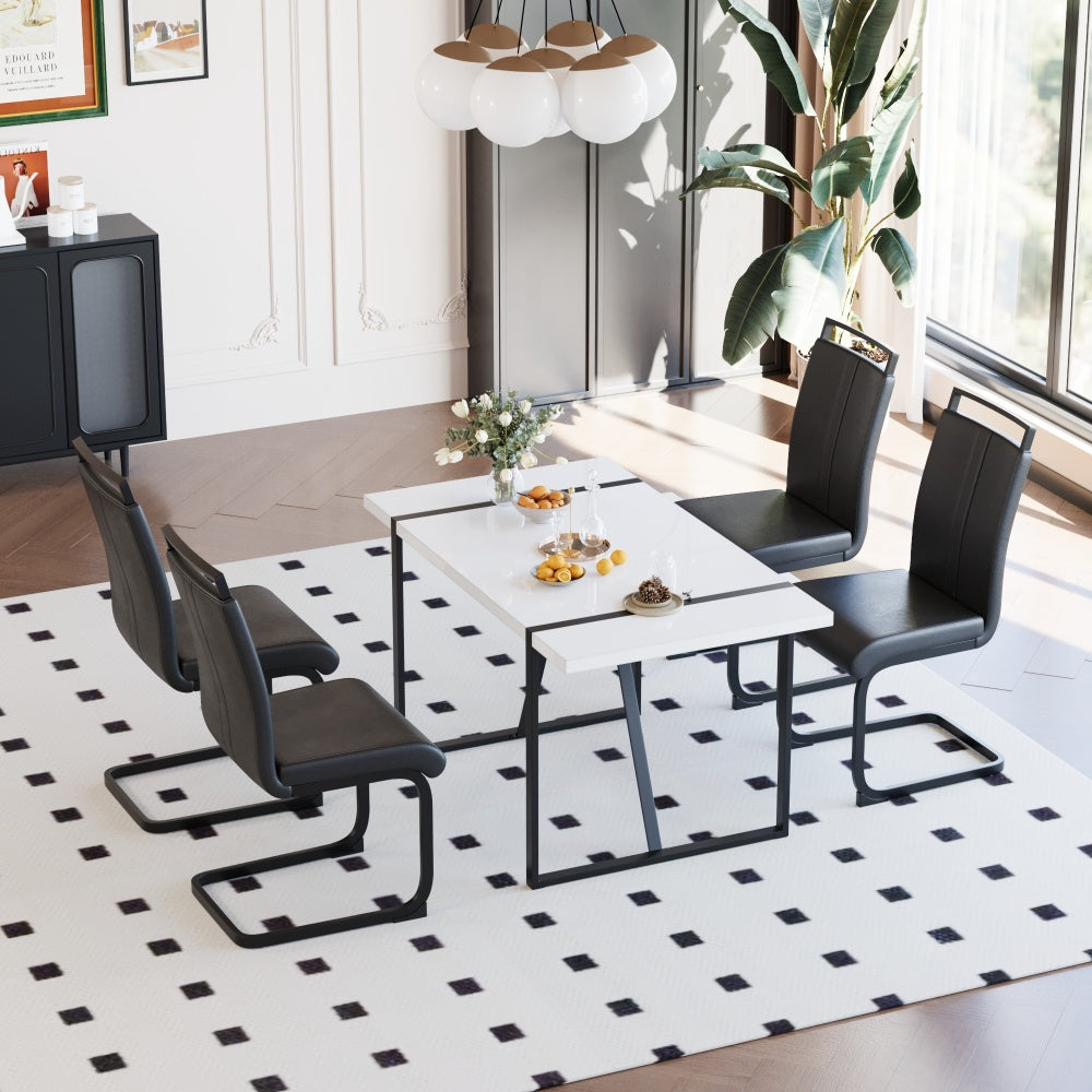 55 "rural industrial rectangular MDF white dining table and 4 PU armless dining chair set, kitchen black metal table leg dining chair set