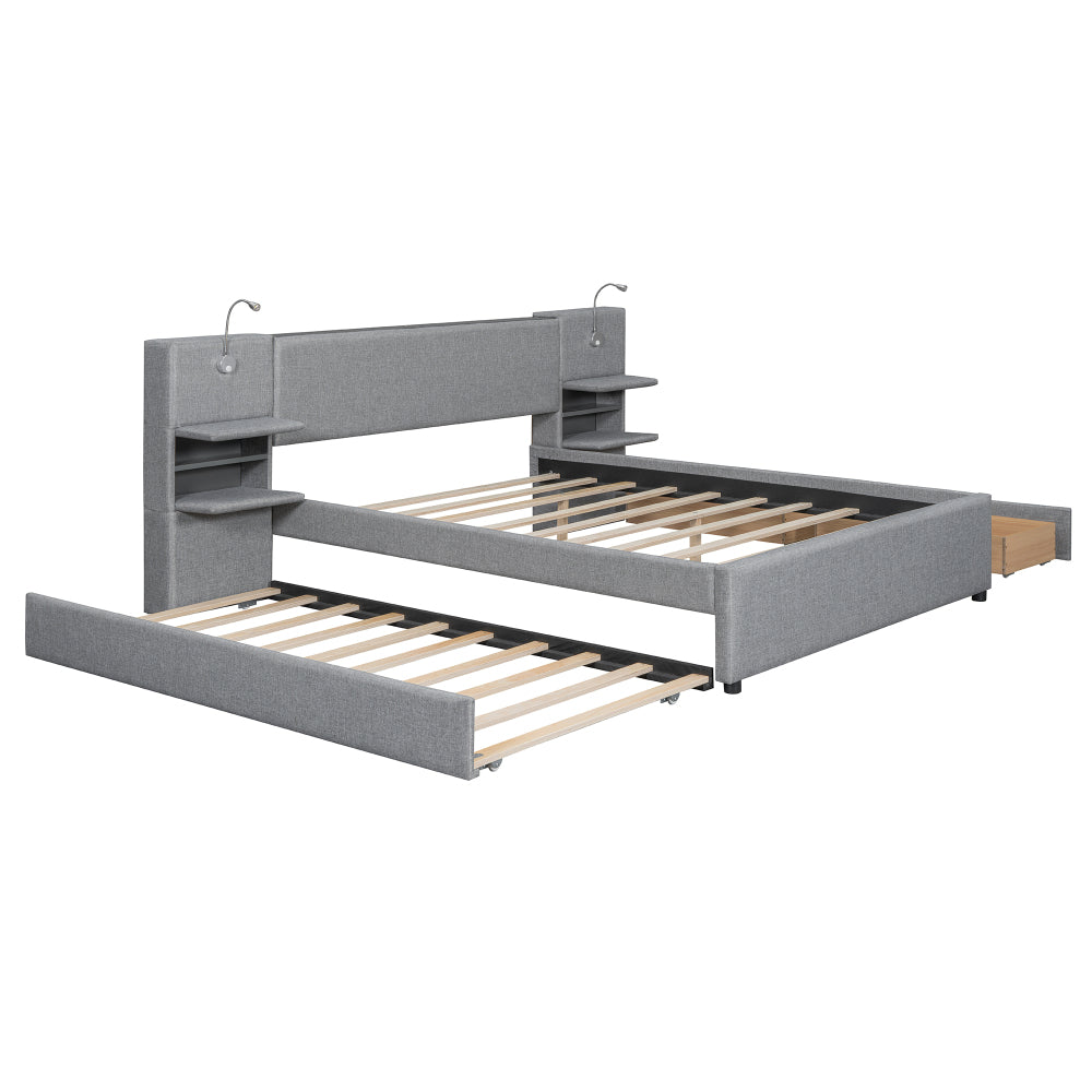 Queen Size Upholstered Platform Bed with Reading Lights, Drawers, Trundle and Shelves, Gray