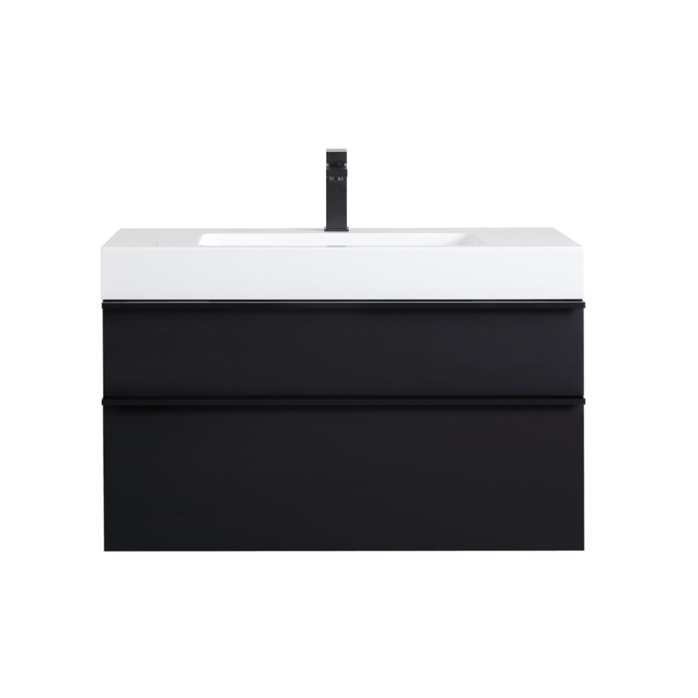 VELA 36 Inch Black Wall Mounted Bathroom Vanity with Integrated Acrylic Sink, 2 Soft-Close Drawers, Pre-Assembled,Modern Floating Cabinet