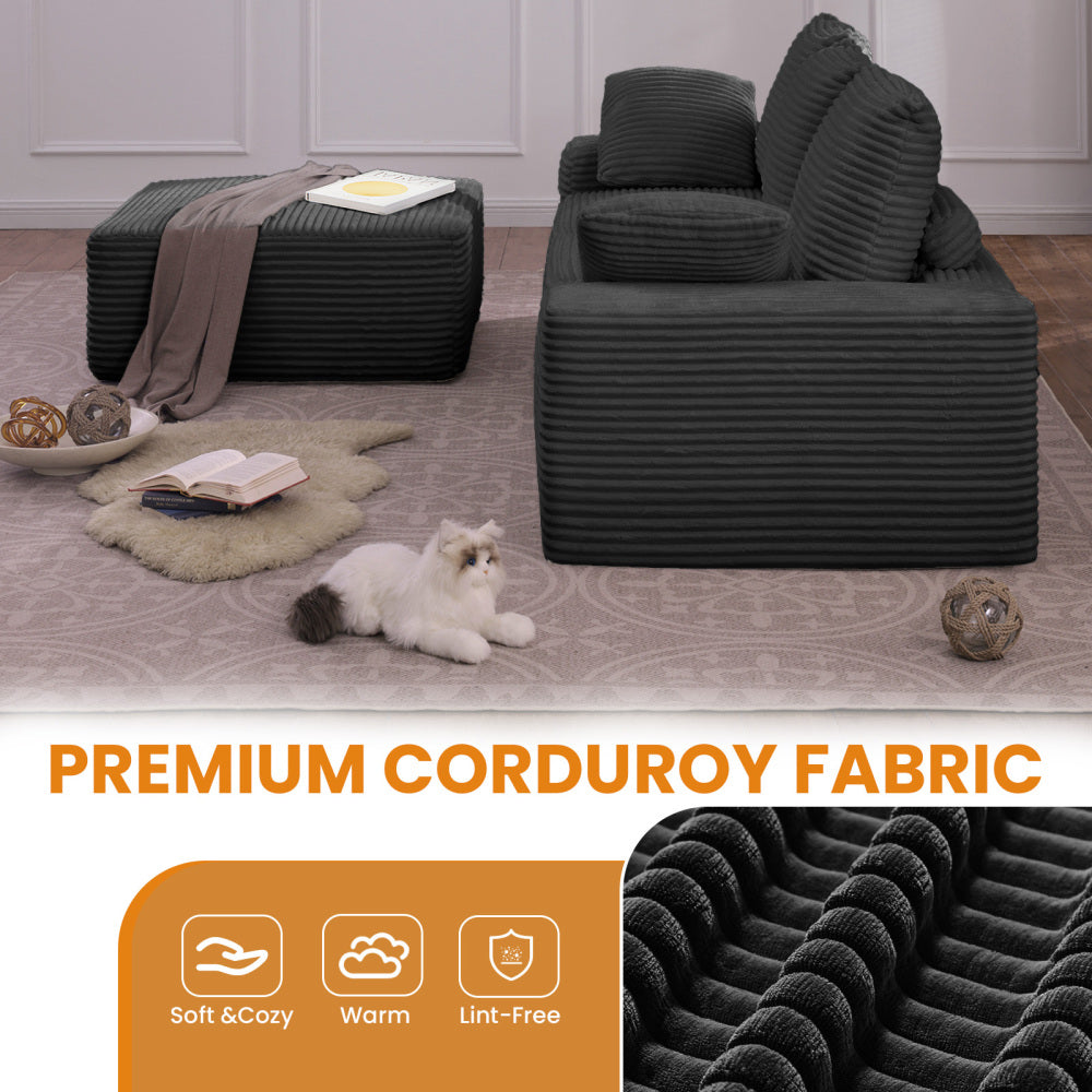 103.5" Cloud Sectional Couch with L-Shape Chaise,Modern Modular Sofa with Deep Seat, Upholstered Couches for Living Room Bedroom,No Assembly Required, Black (Plush Corduroy Fabric)