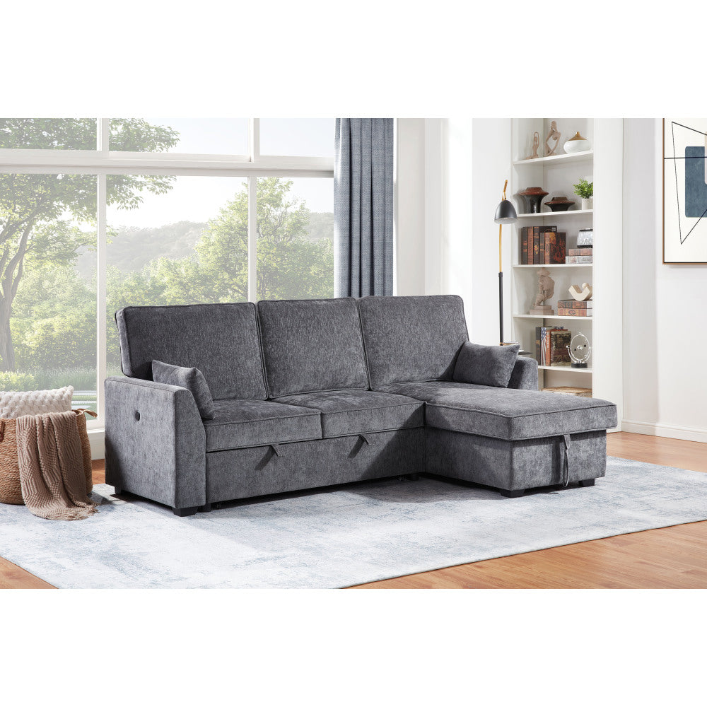 Emmy 89"W Dark Gray Fabric Sleeper Sectional Sofa with Reversible Storage Chaise, USB & USB-C Charging Ports, Cupholders, Pillows