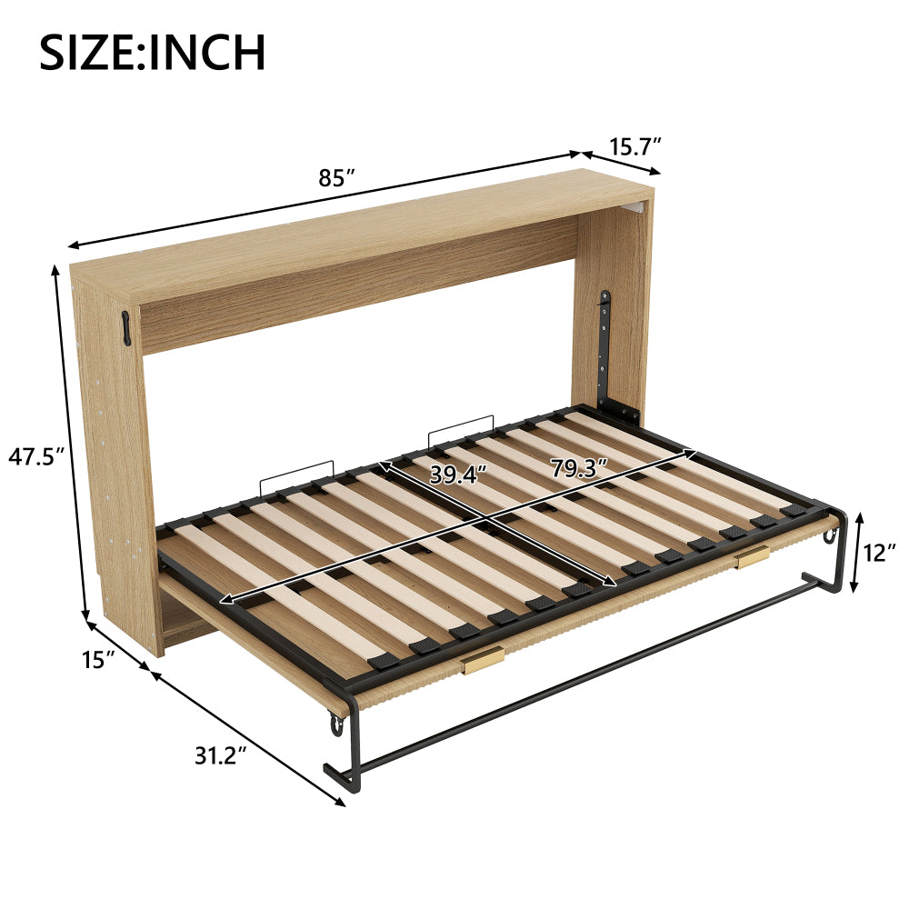 Twin XL Size Murphy Bed with LED Light, can be Folded into a Cabinet, Natural