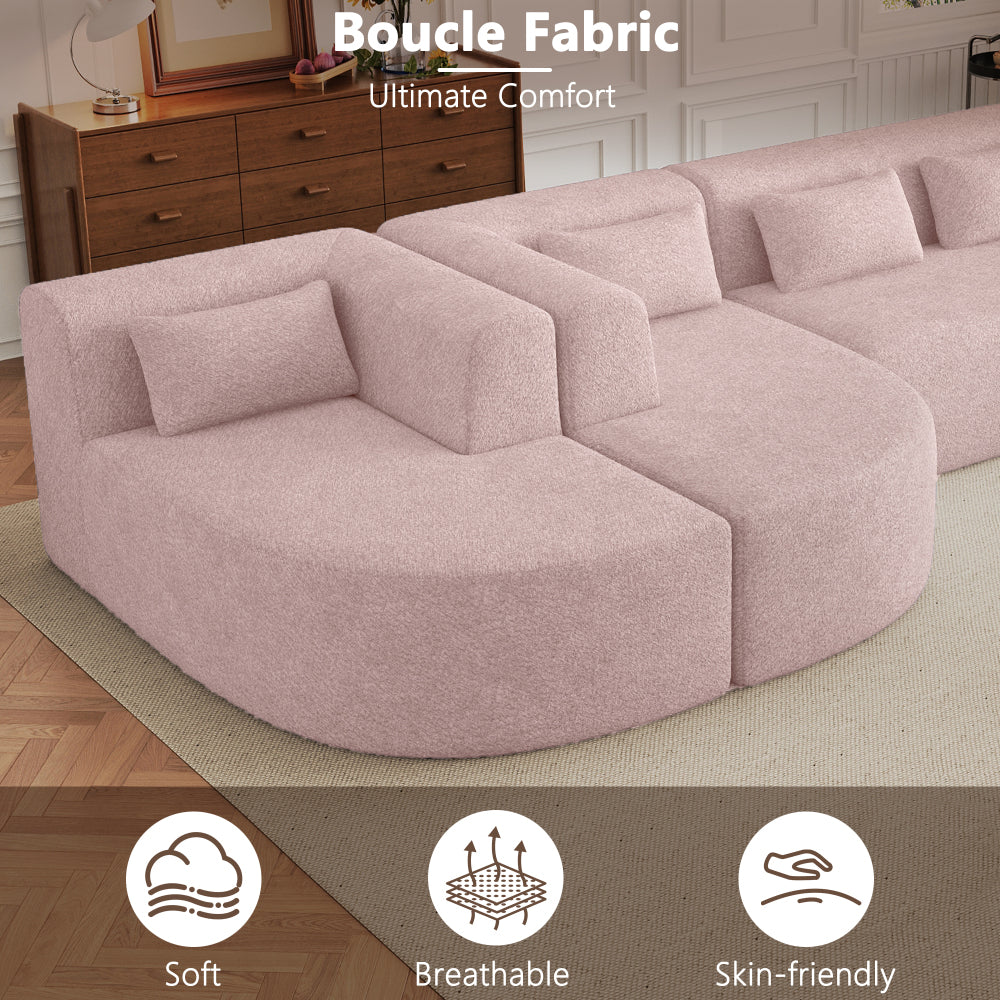 144" Upholstered Sofa Free-combined Sofa Couch with Two Chaise Lounge and Five Back Pillows for Living Room, Pink