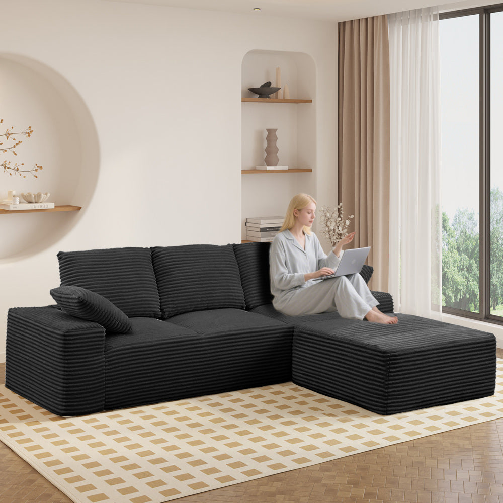 103.5" Cloud Sectional Couch with L-Shape Chaise,Modern Modular Sofa with Deep Seat, Upholstered Couches for Living Room Bedroom,No Assembly Required, Black (Plush Corduroy Fabric)