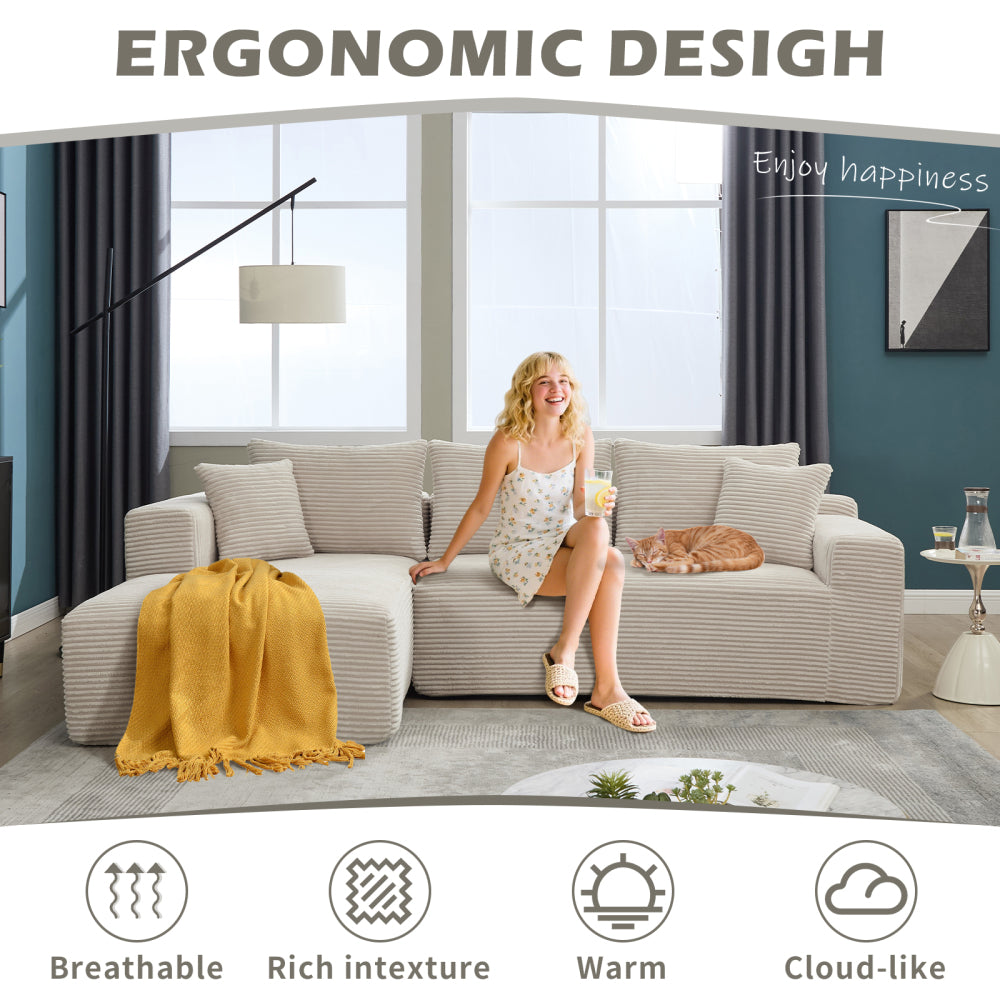 Modular Sectional Sofa Couches L-Shape Couch 3 Seat Modular Sofa Memory Foam Sectional Couches for Living Room, Cloud Couch with Oversized Chaise (Beige, Stripe (Left Facing Chaise))