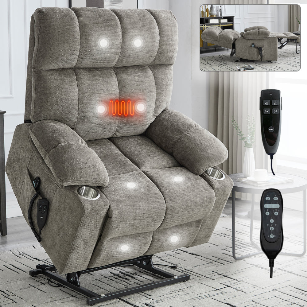 Beige Dual Motor Infinite Position Up to 350 LBS Chenille Power Lift Recliner Chair, Heavy Duty Motion Mechanism with 8-Point Vibration Massage and Lumbar Heating, Dual Cup Holders