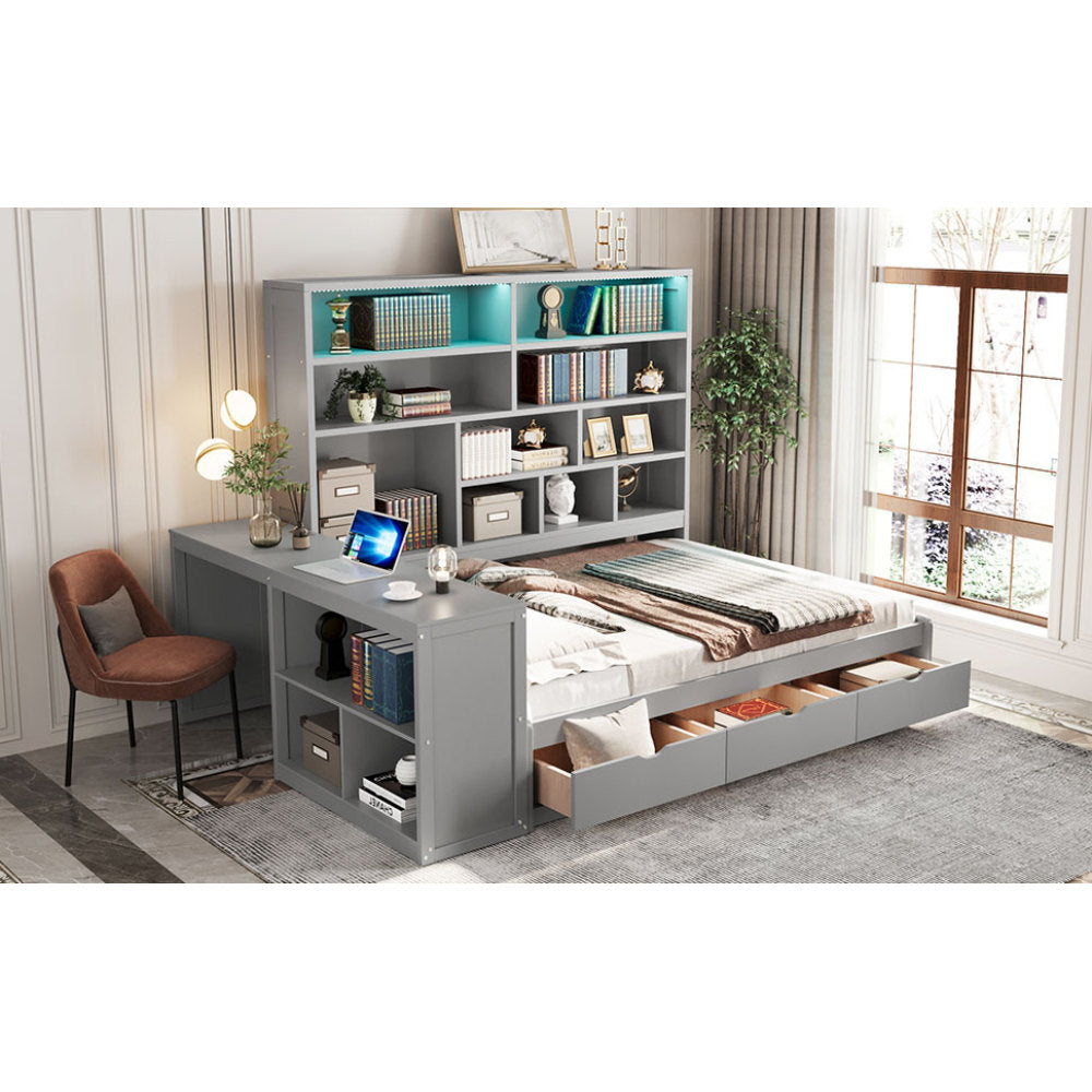 Full Size Wooden Daybed With Three Drawers ,Desk ,Shelves and Lights, Gray