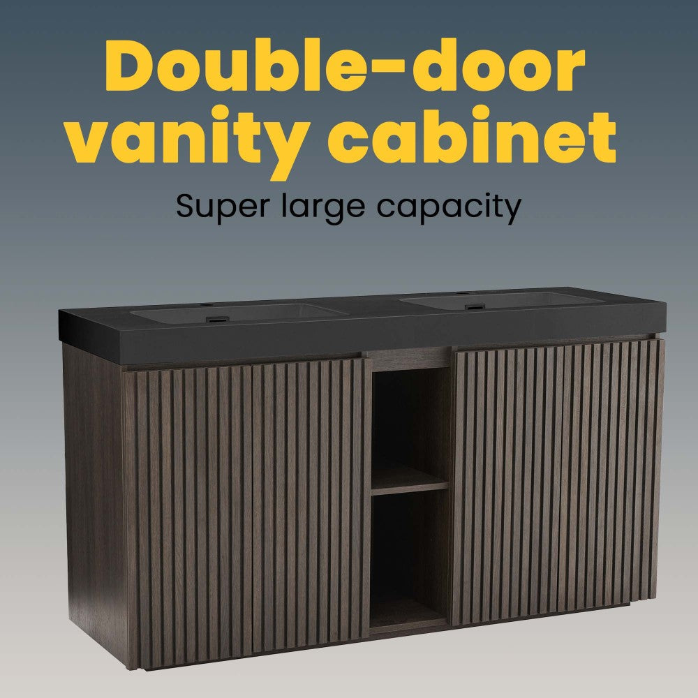 GALAN60F" Smoked Oak Bathroom Vanity with Sink, Large Storage Freestanding Bathroom Vanity for Modern Bathroom, One-Piece Black Sink Basin without Drain and Faucet, KD
