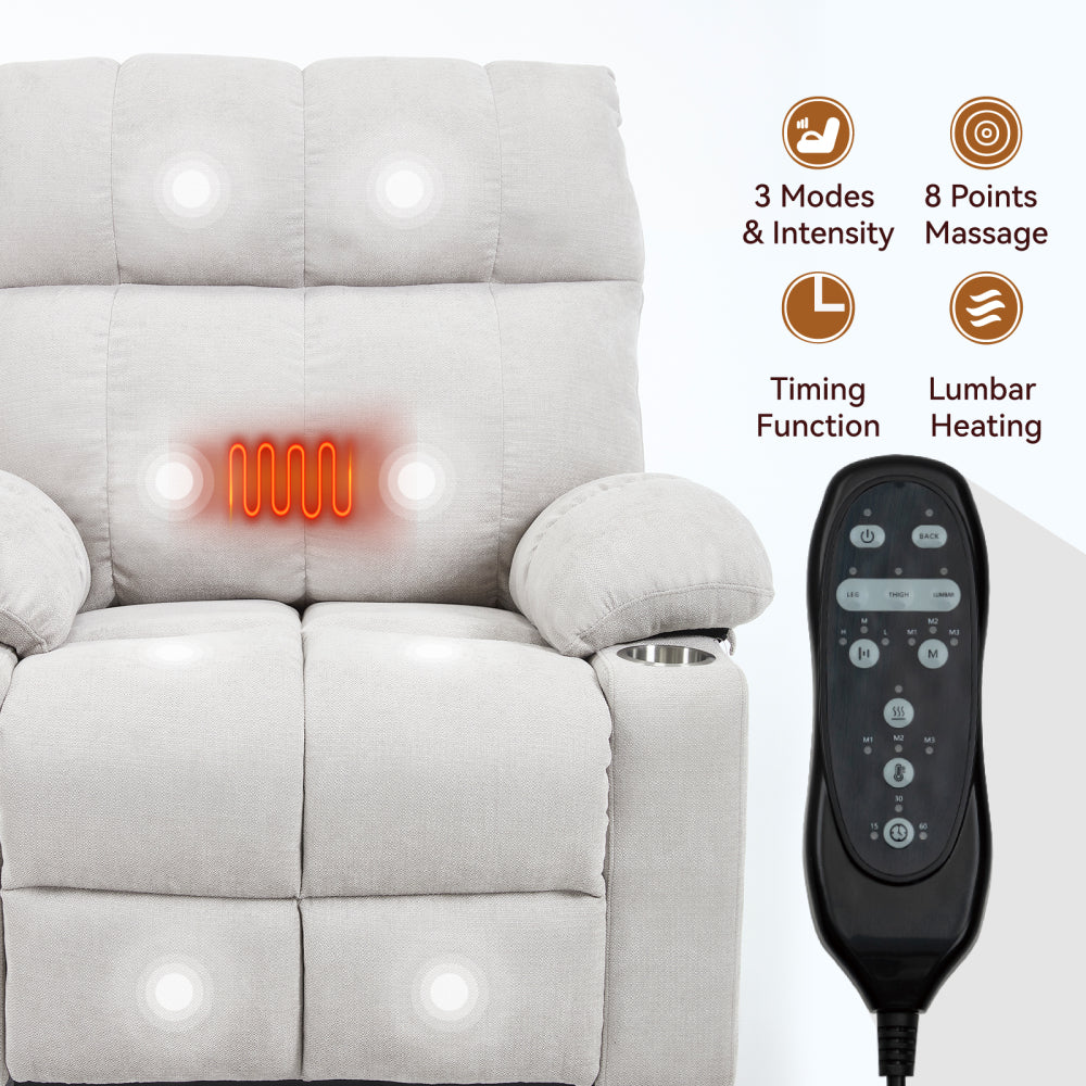 Beige Dual Motor Infinite Position Up to 350 LBS Chenille Power Lift Recliner Chair, Heavy Duty Motion Mechanism with 8-Point Vibration Massage and Lumbar Heating, Dual Cup Holders