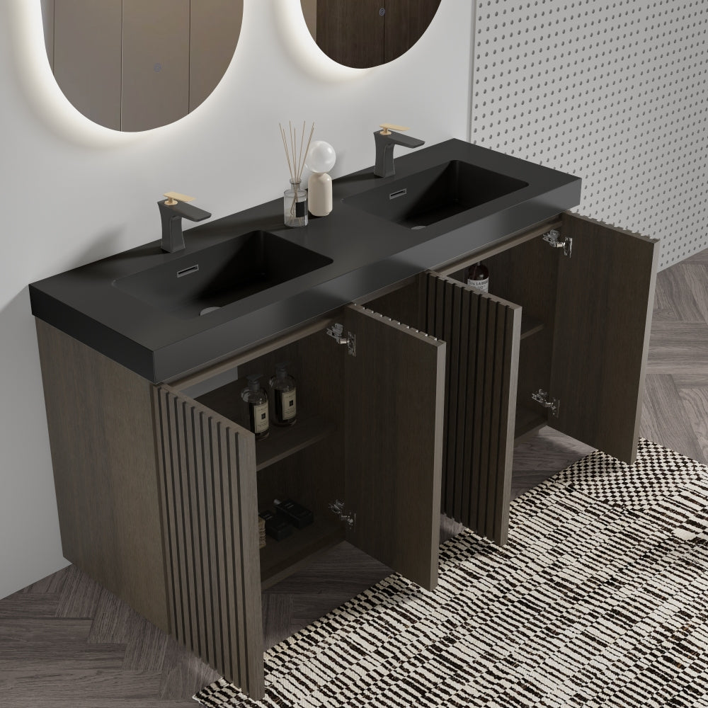 GALAN60F" Smoked Oak Bathroom Vanity with Sink, Large Storage Freestanding Bathroom Vanity for Modern Bathroom, One-Piece Black Sink Basin without Drain and Faucet, KD