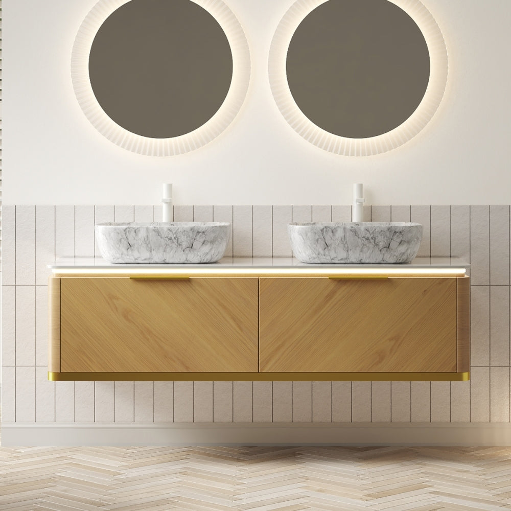 DIPA 36" Bathroom Vanity&Sink, Floating Plywood Storage Cabinet with Sensor Light, Drawer, Stone Pattern White Round Ceramic Vessel Basin&Sintered Stone Top, Pre-assembled, Dark Walnut Woodgrain Color