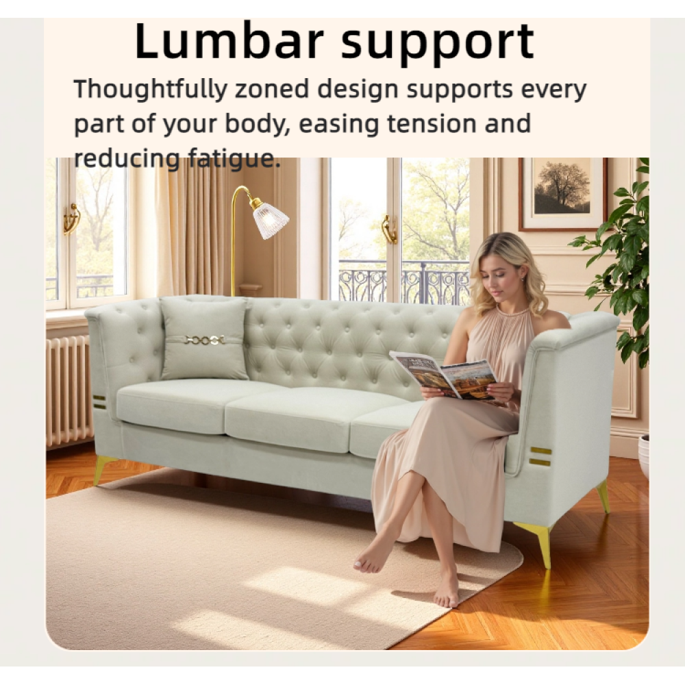 FX-P83-2PC SOFA -CW4 Modern Velvet Upholstered Sofa Set of 2, Cream White 3-Seater Sofas with Gold Metal Legs Contemporary Living Room Furniture for Family Homes, Apartments, and Lounge Spaces