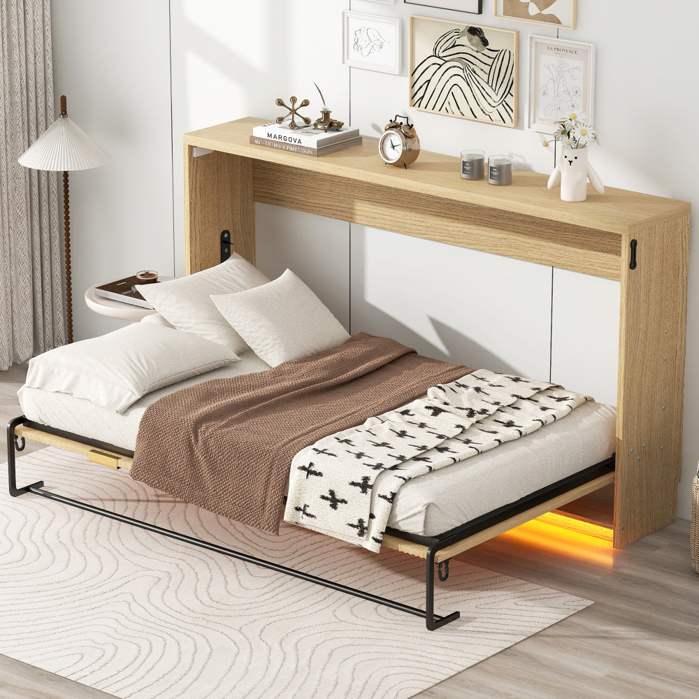 Twin XL Size Murphy Bed with LED Light, can be Folded into a Cabinet, Natural
