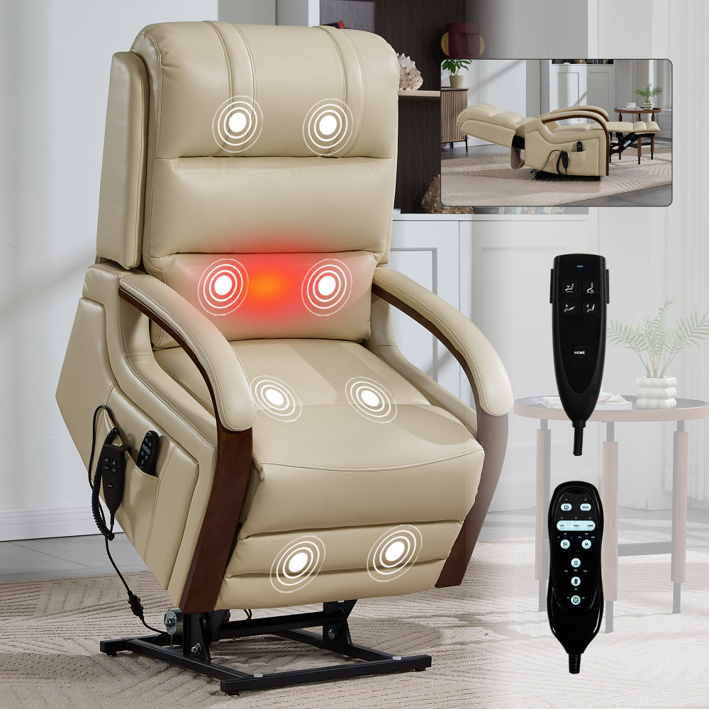 Power Brown Leatheraire Lift Recliner Chair Dual Motor Infinite Position Up to 350 LBS with Solid Wood Armrests, Heat Massage and Heavy Duty Motion Mechanism
