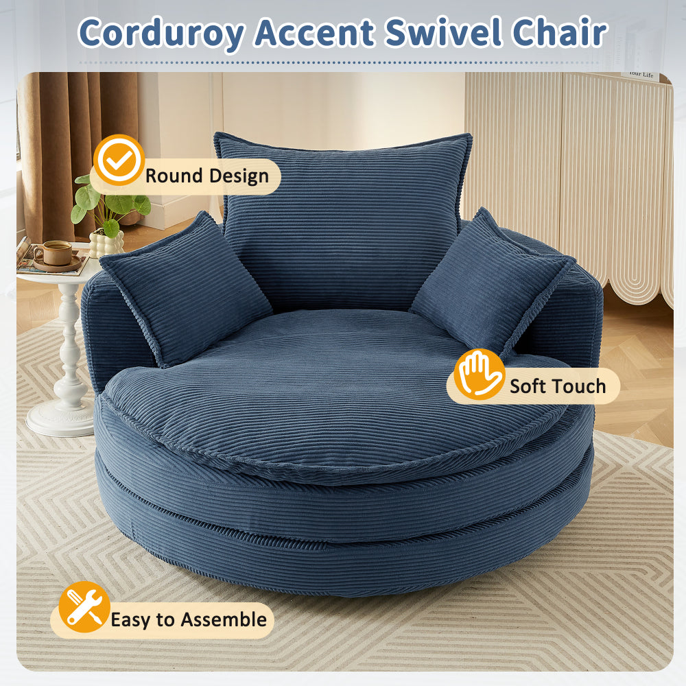 360° Swivel Sofa Chair Accent Barrel Chair 57.5" Swivel Round Chair with Dual-layer Cushion Design and 3 Removable Pillows for Living Room, Bedroom, Office and Hotel, Blue