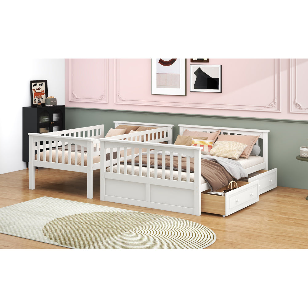 Twin over Full Bunk Bed with Drawers, Convertible Beds, White