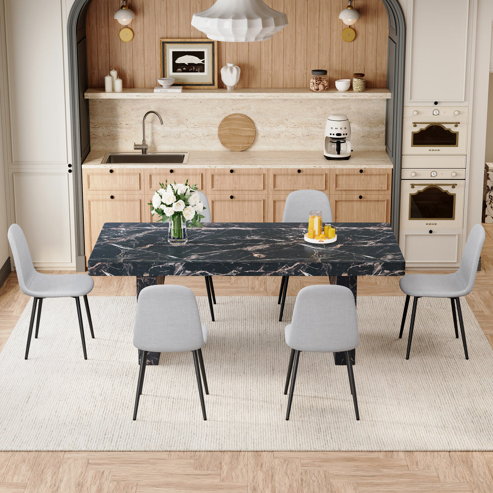 Table and chair set.78.7"*39.4"*29.9"inches MDF Luxurious Black Marble Pattern Dining Table,With a 3.5-inch thick tabletop.Paired with 10 Light Gray Linen Fabric Chairs With Black Sturdy Metal Legs.
